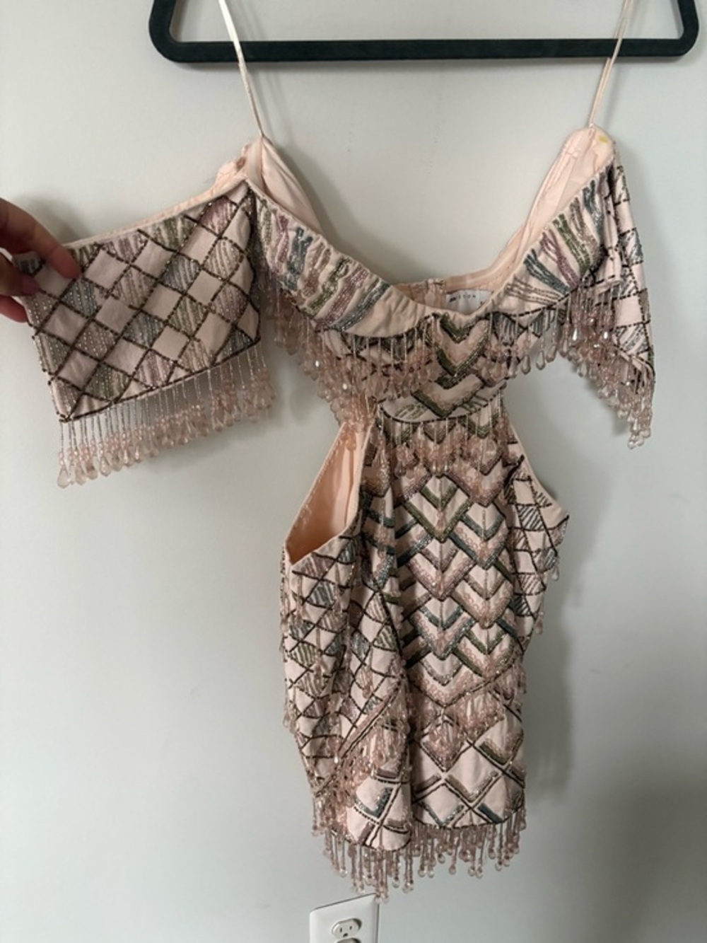 ASOS LUXE Embellished Fringe Off-Shoulder Mini Dress - Blush Pink